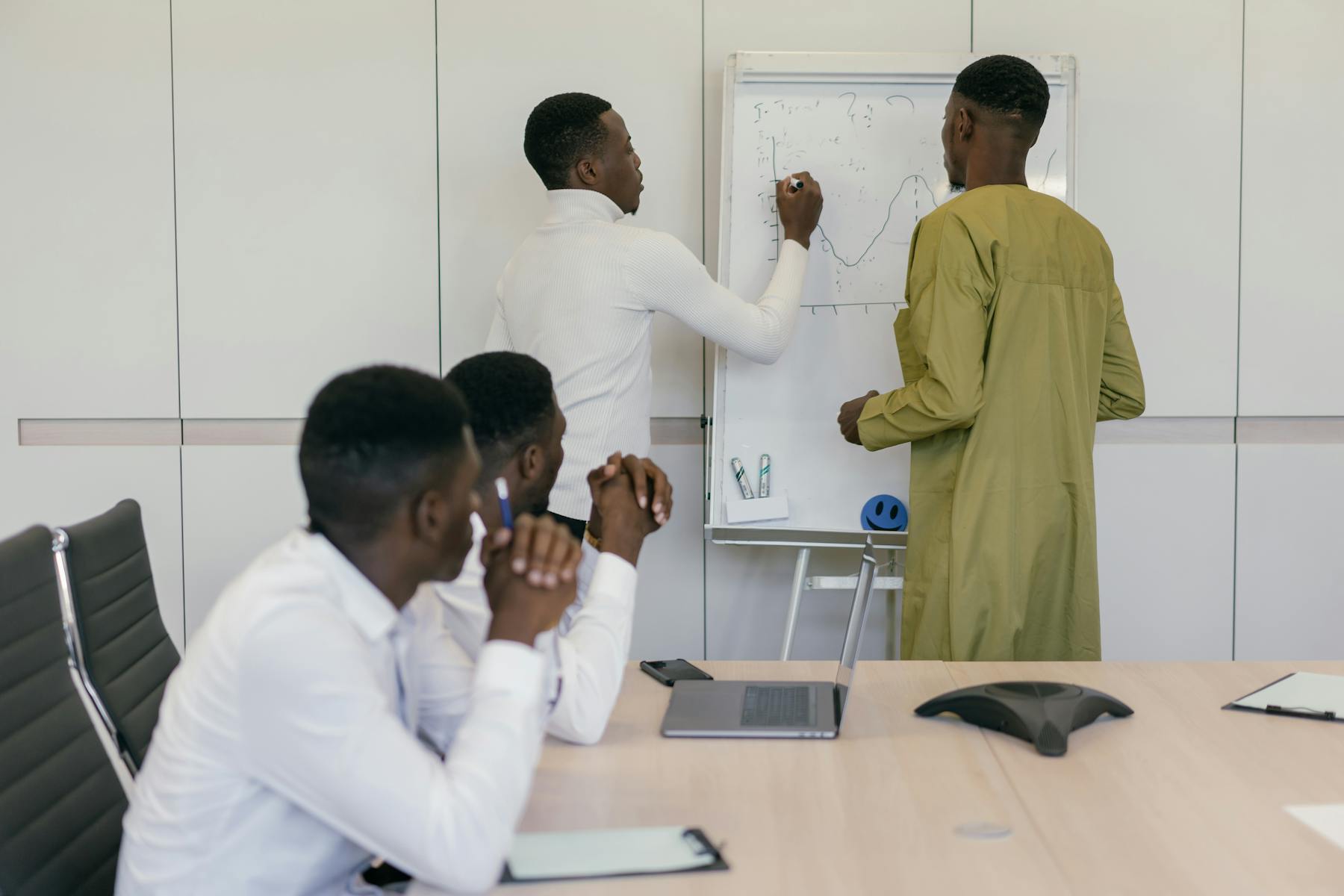Technology team collaborating around a whiteboard in a meeting room.